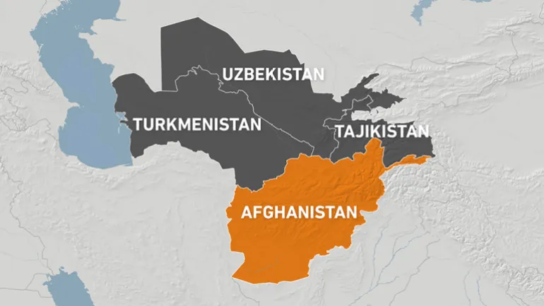 Map showing Afghanistan’s borders with Uzbekistan, Turkmenistan, and Tajikistan, highlighting the country’s strategic position in Central Asia.